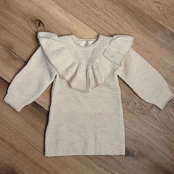 NWT H&M Flounce Trimmed Cozy Metallic Sweater Dress 2T Ivory Gold - Picture 3 of 7